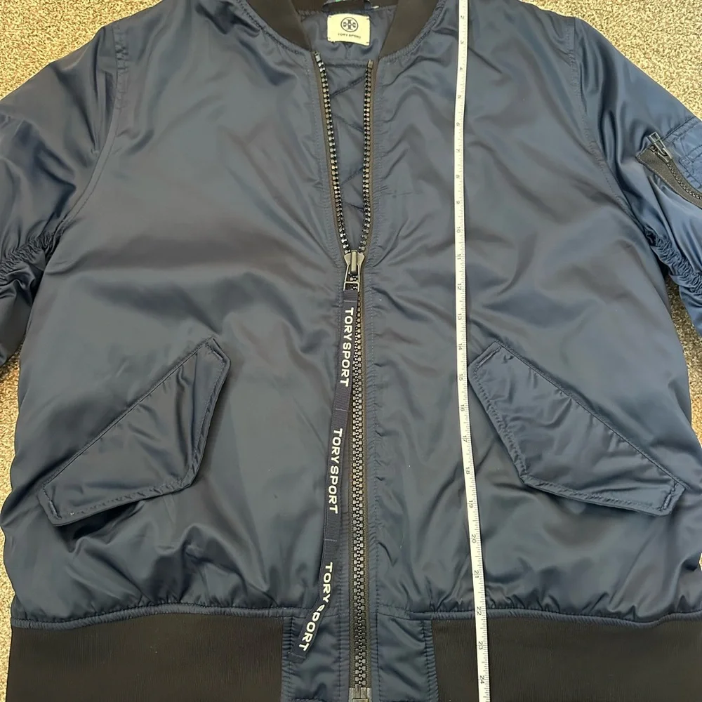 Tory Burch Bomber Jacket Deep Blue Sheen Tory Sport Zipper Pull Oversized Sz XS